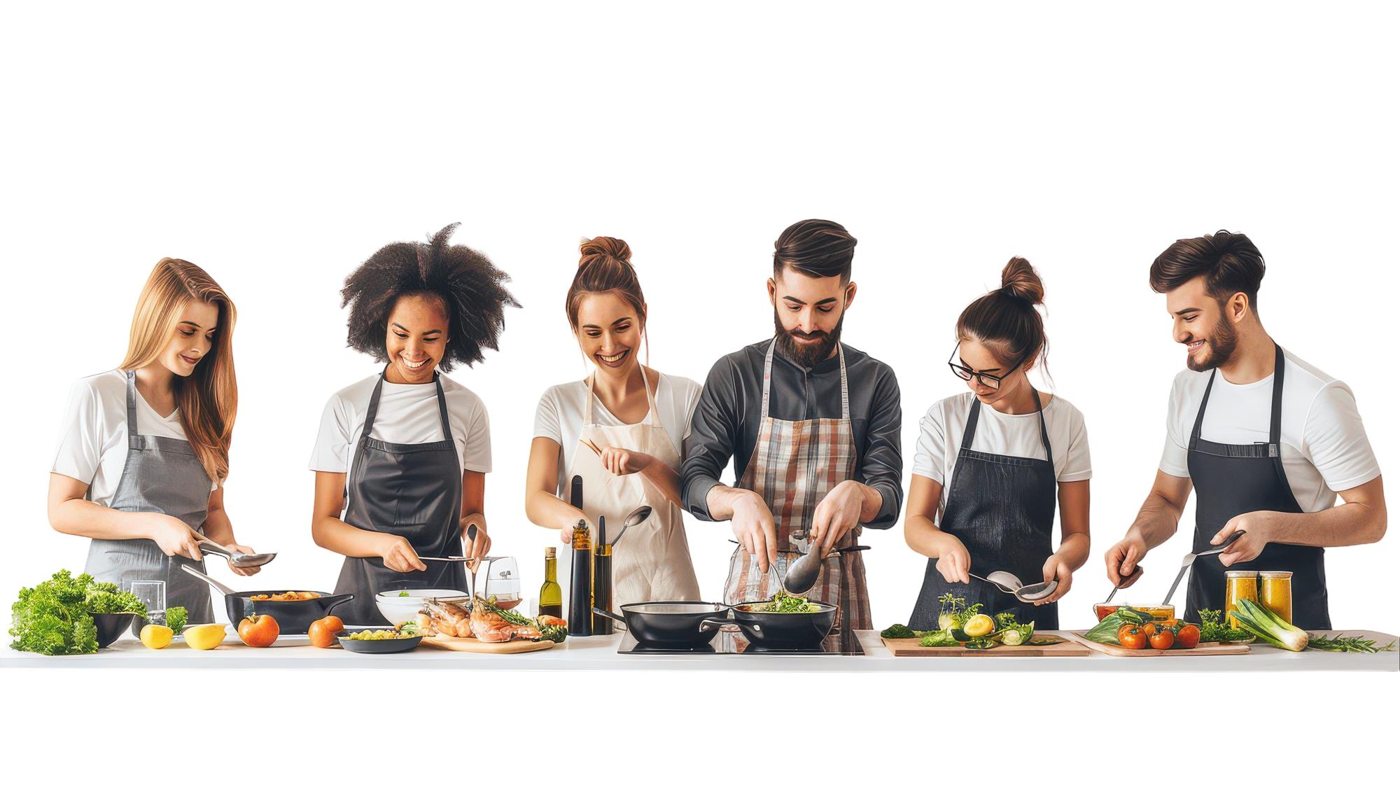 Group cooking around a workbench